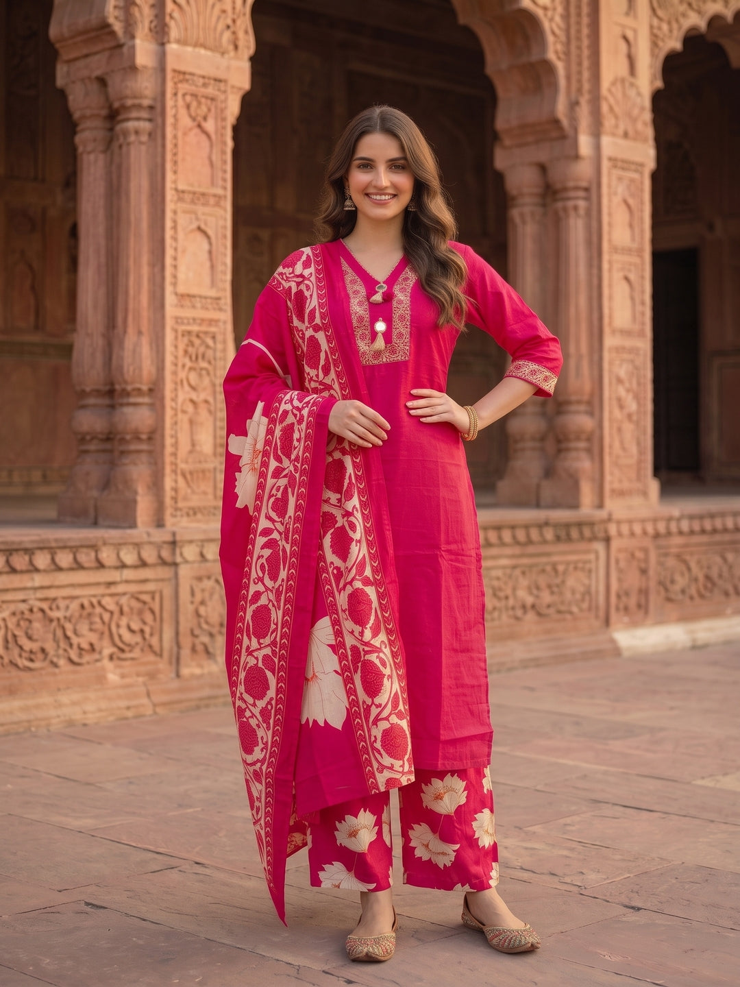 Solid Straight Kurta with Palazzo & Dupatta - Rani Pink