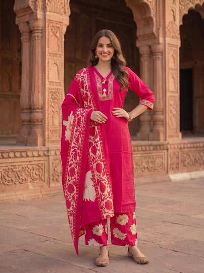 Solid Straight Kurta with Palazzo & Dupatta - Rani Pink