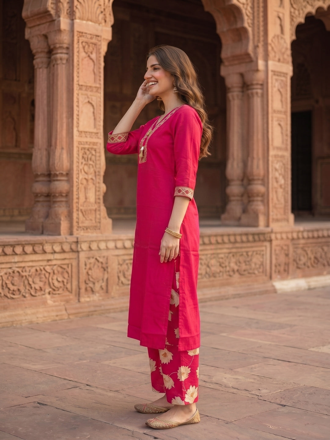 Solid Straight Kurta with Palazzo & Dupatta - Rani Pink