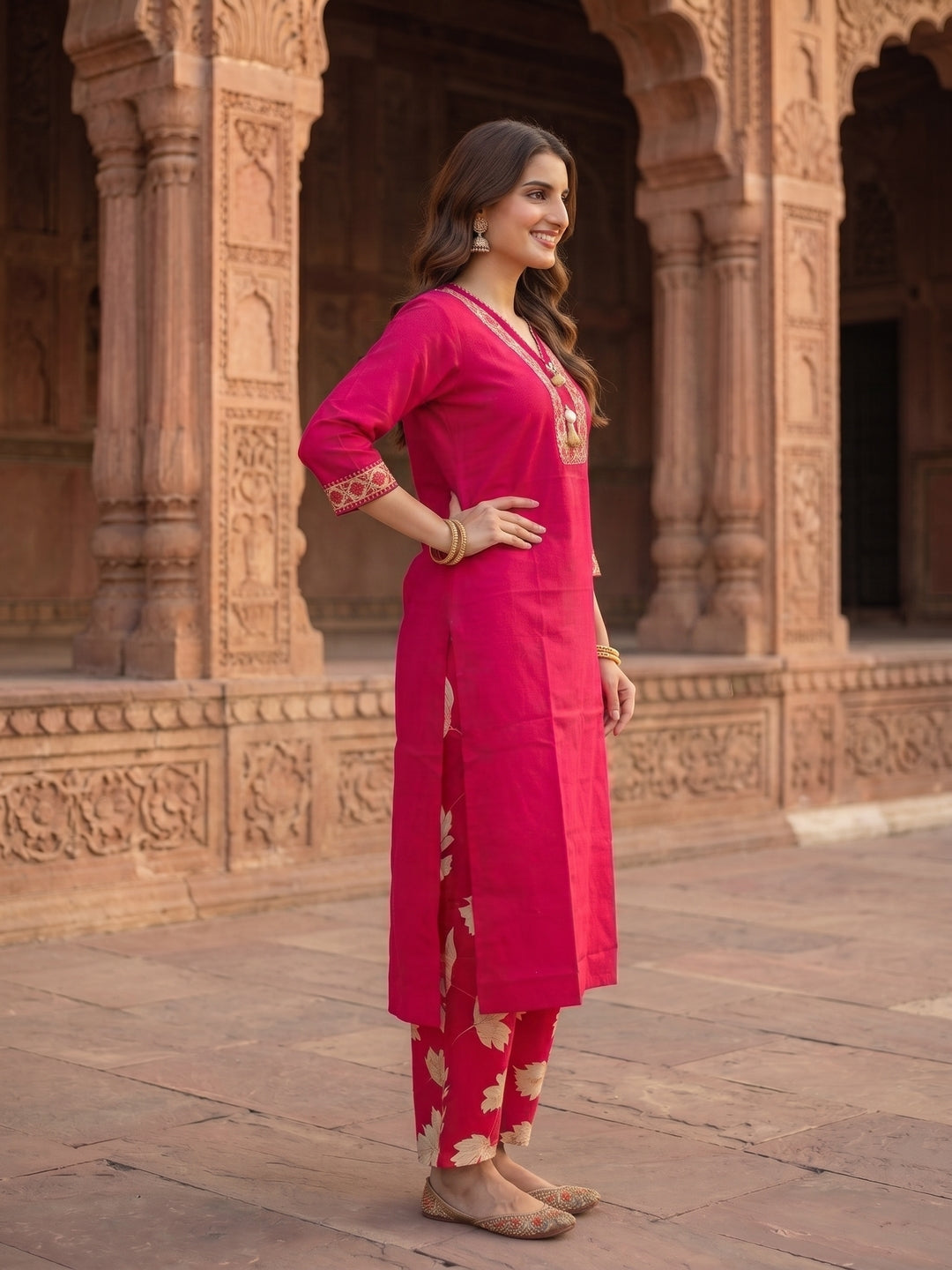 Solid Straight Kurta with Palazzo & Dupatta - Rani Pink