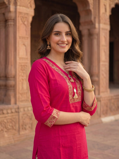 Solid Straight Kurta with Palazzo & Dupatta - Rani Pink