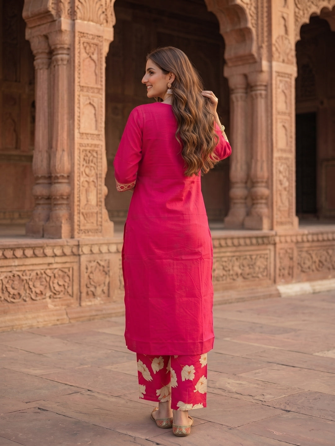 Solid Straight Kurta with Palazzo & Dupatta - Rani Pink