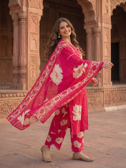 Solid Straight Kurta with Palazzo & Dupatta - Rani Pink