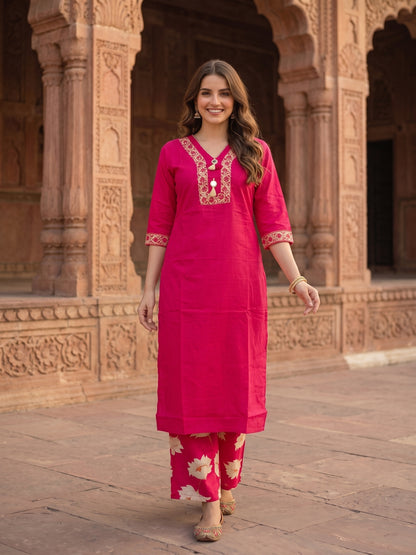 Solid Straight Kurta with Palazzo & Dupatta - Rani Pink