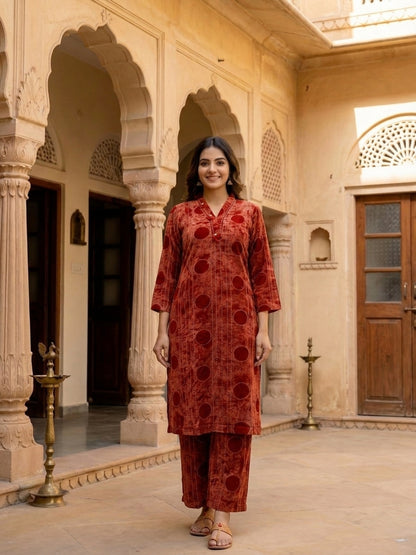 Maroon Geometric Print Cotton Flex Straight Kurta & Palazzo Co-ord Set
