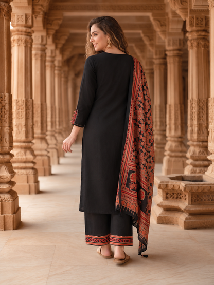 Black Solid Mirror Embroidered Cotton A-Line Kurta Set with Pant and Printed Dupatta