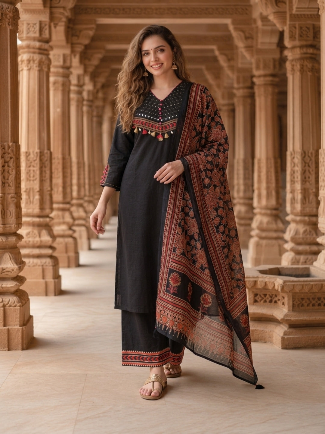 Black Solid Mirror Embroidered Cotton A-Line Kurta Set with Pant and Printed Dupatta