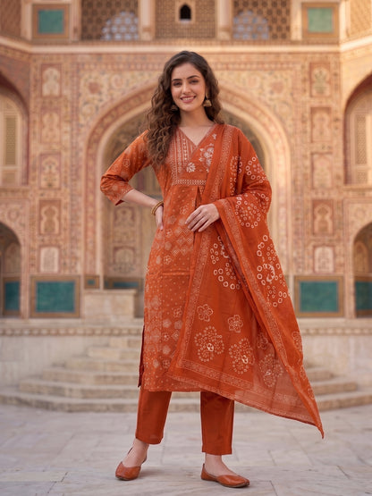 Rust Bandhani Print Cotton Straight Kurta Set with Embroidered Yoke & Pyjama and Dupatta