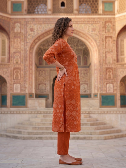Rust Bandhani Print Cotton Straight Kurta Set with Embroidered Yoke & Pyjama and Dupatta