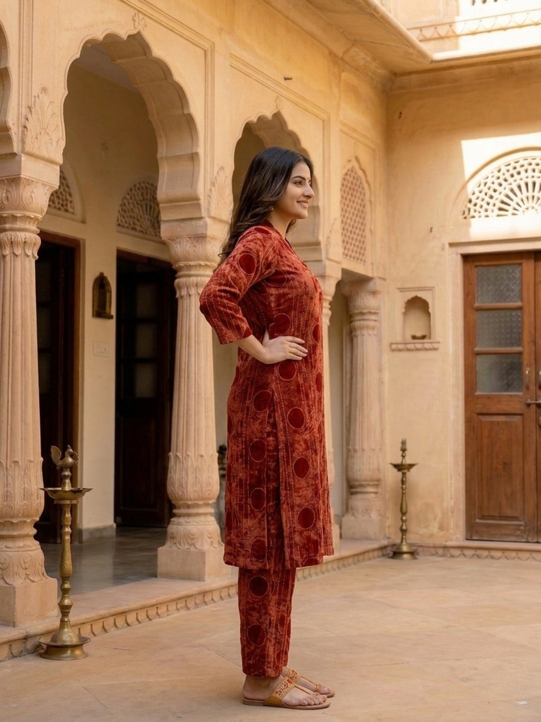 Maroon Geometric Print Cotton Flex Straight Kurta & Palazzo Co-ord Set