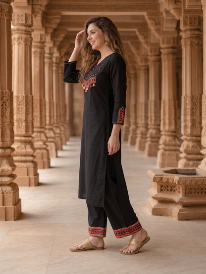 Black Solid Mirror Embroidered Cotton A-Line Kurta Set with Pant and Printed Dupatta