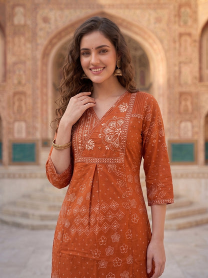 Rust Bandhani Print Cotton Straight Kurta Set with Embroidered Yoke & Pyjama and Dupatta