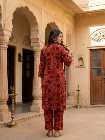 Maroon Geometric Print Cotton Flex Straight Kurta & Palazzo Co-ord Set