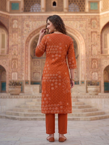 Rust Bandhani Print Cotton Straight Kurta Set with Embroidered Yoke & Pyjama and Dupatta