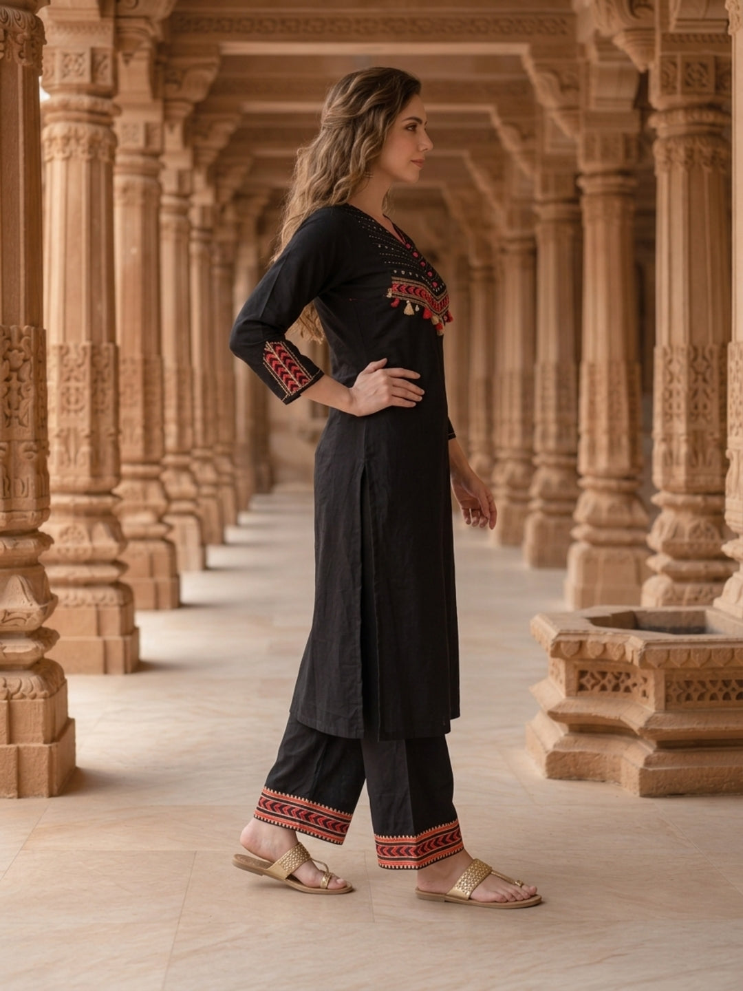 Black Solid Mirror Embroidered Cotton A-Line Kurta Set with Pant and Printed Dupatta