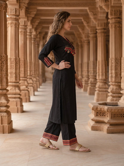 Black Solid Mirror Embroidered Cotton A-Line Kurta Set with Pant and Printed Dupatta