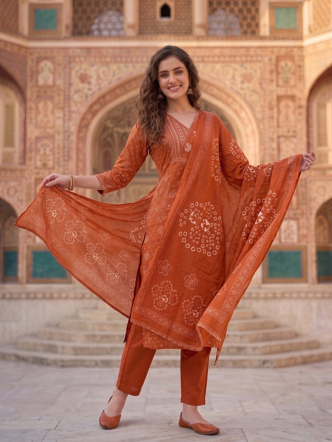 Rust Bandhani Print Cotton Straight Kurta Set with Embroidered Yoke & Pyjama and Dupatta
