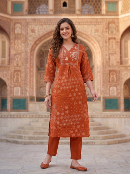 Rust Bandhani Print Cotton Straight Kurta Set with Embroidered Yoke & Pyjama and Dupatta
