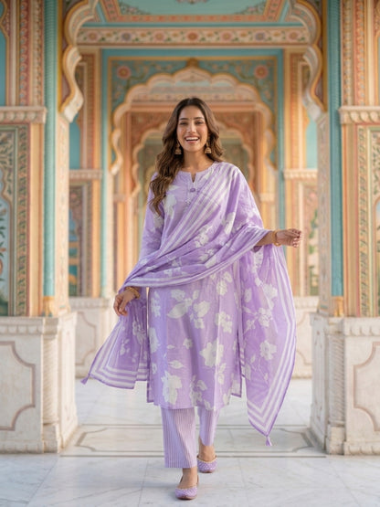 Lavender Floral Print Cotton 3-Piece Kurta Set