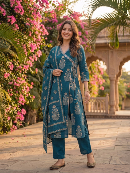 Teal Ethnic Print Cotton Angrakha Kurta Set with Mirror Work & Embroidery, Pant & Dupatta