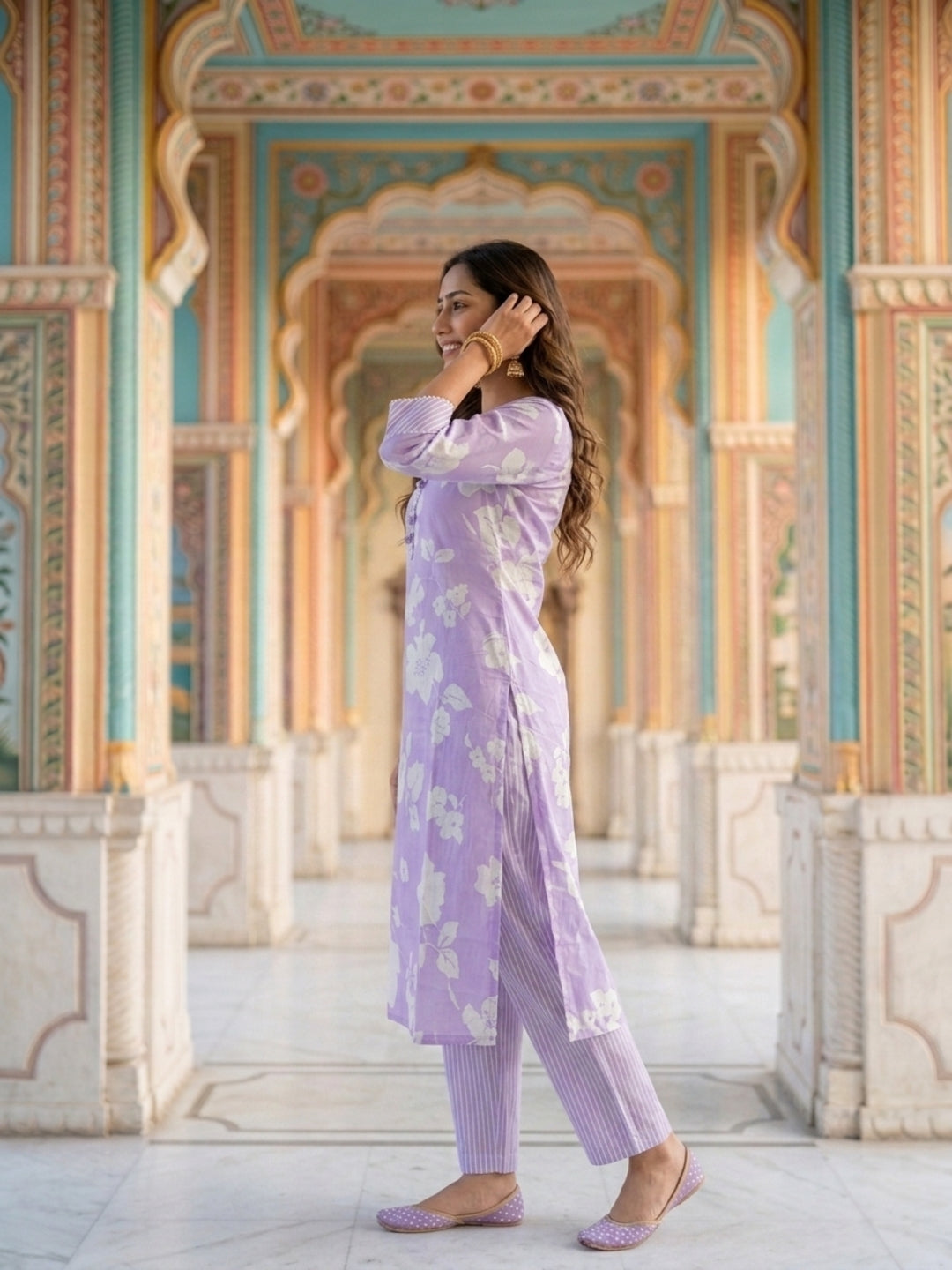 Lavender Floral Print Cotton 3-Piece Kurta Set