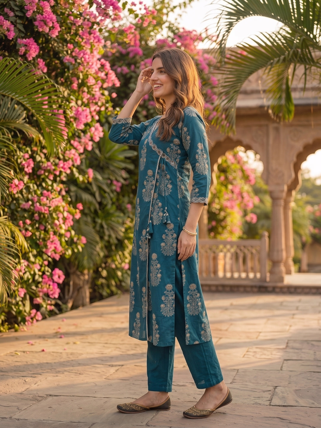 Teal Ethnic Print Cotton Angrakha Kurta Set with Mirror Work & Embroidery, Pant & Dupatta