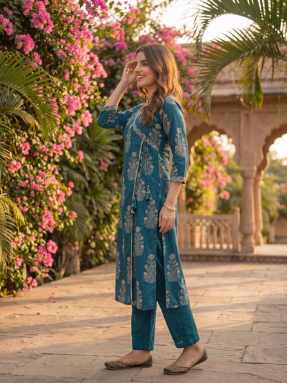 Teal Ethnic Print Cotton Angrakha Kurta Set with Mirror Work & Embroidery, Pant & Dupatta