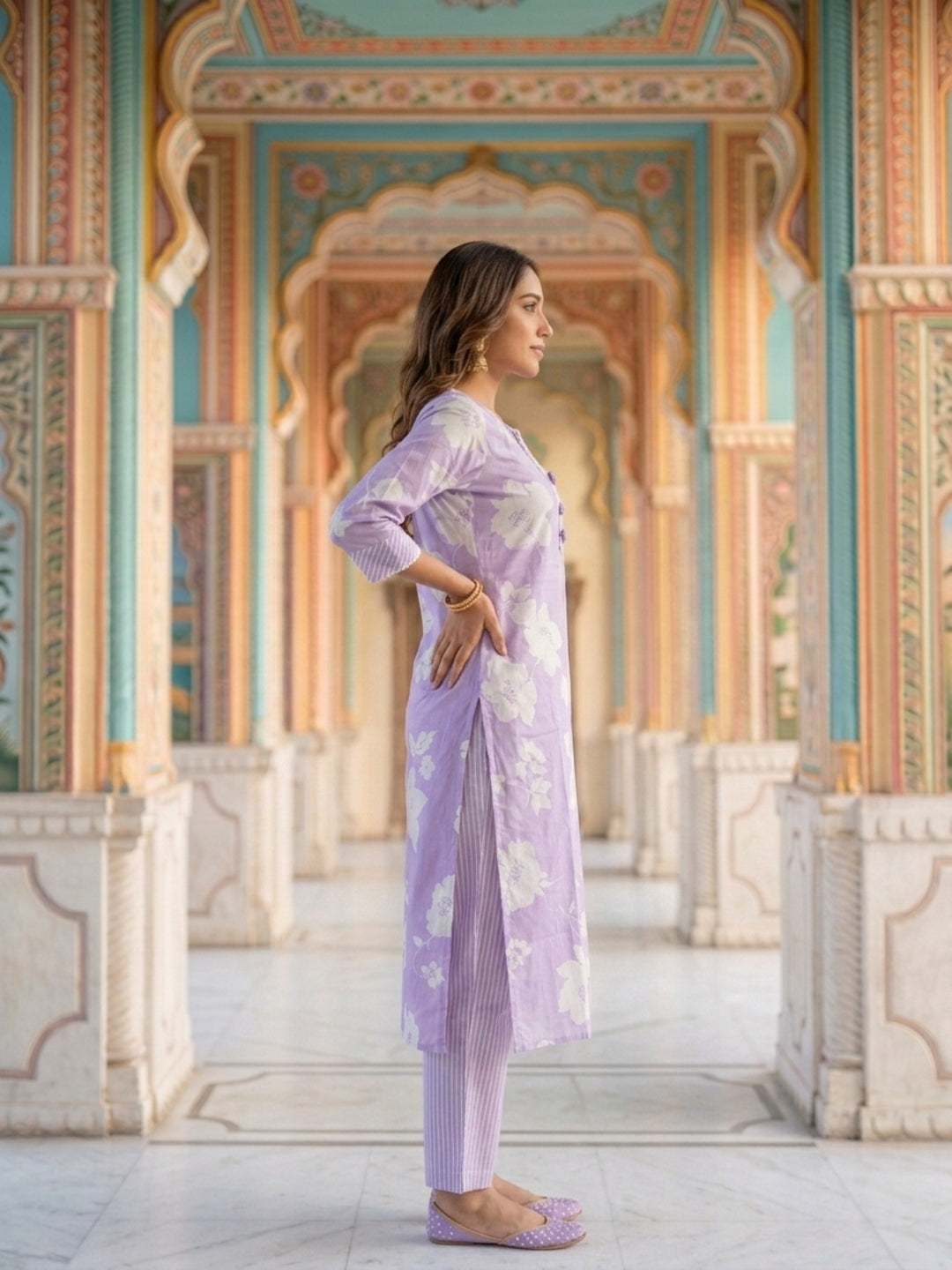 Lavender Floral Print Cotton 3-Piece Kurta Set