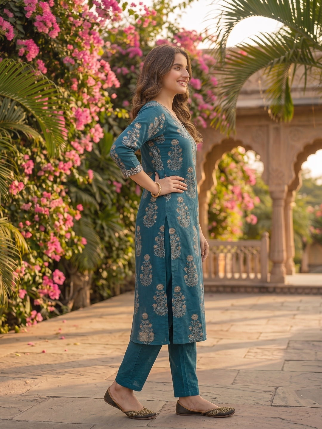 Teal Ethnic Print Cotton Angrakha Kurta Set with Mirror Work & Embroidery, Pant & Dupatta