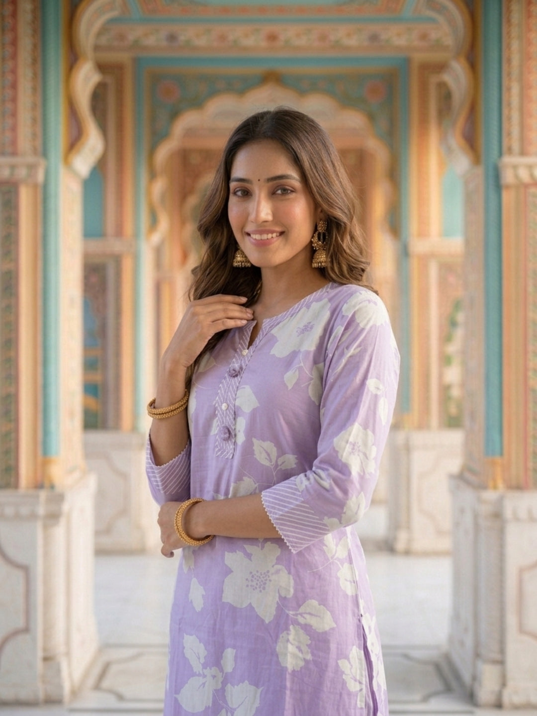 Lavender Floral Print Cotton 3-Piece Kurta Set