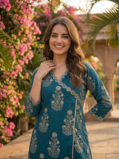 Teal Ethnic Print Cotton Angrakha Kurta Set with Mirror Work & Embroidery, Pant & Dupatta