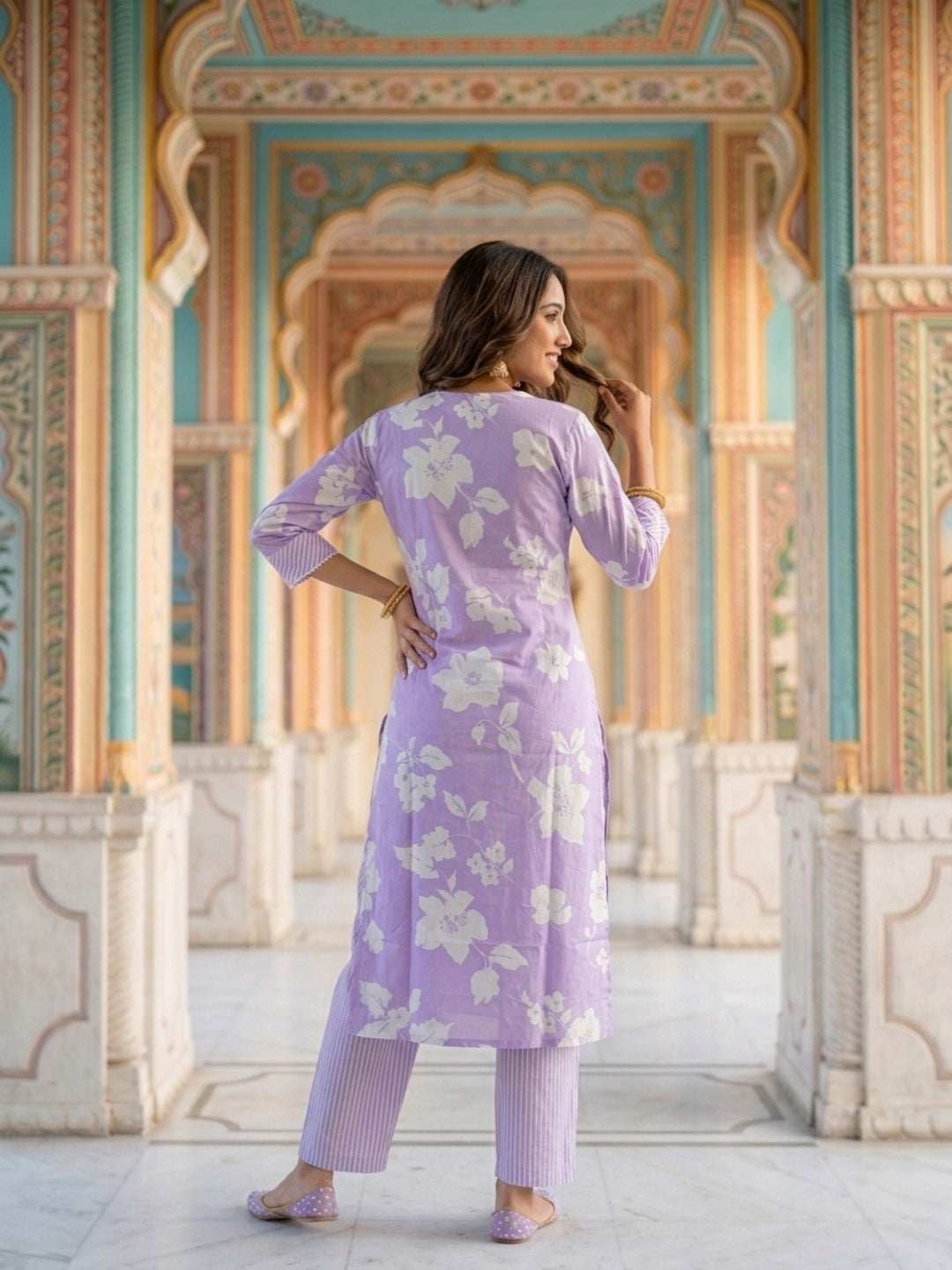Lavender Floral Print Cotton 3-Piece Kurta Set
