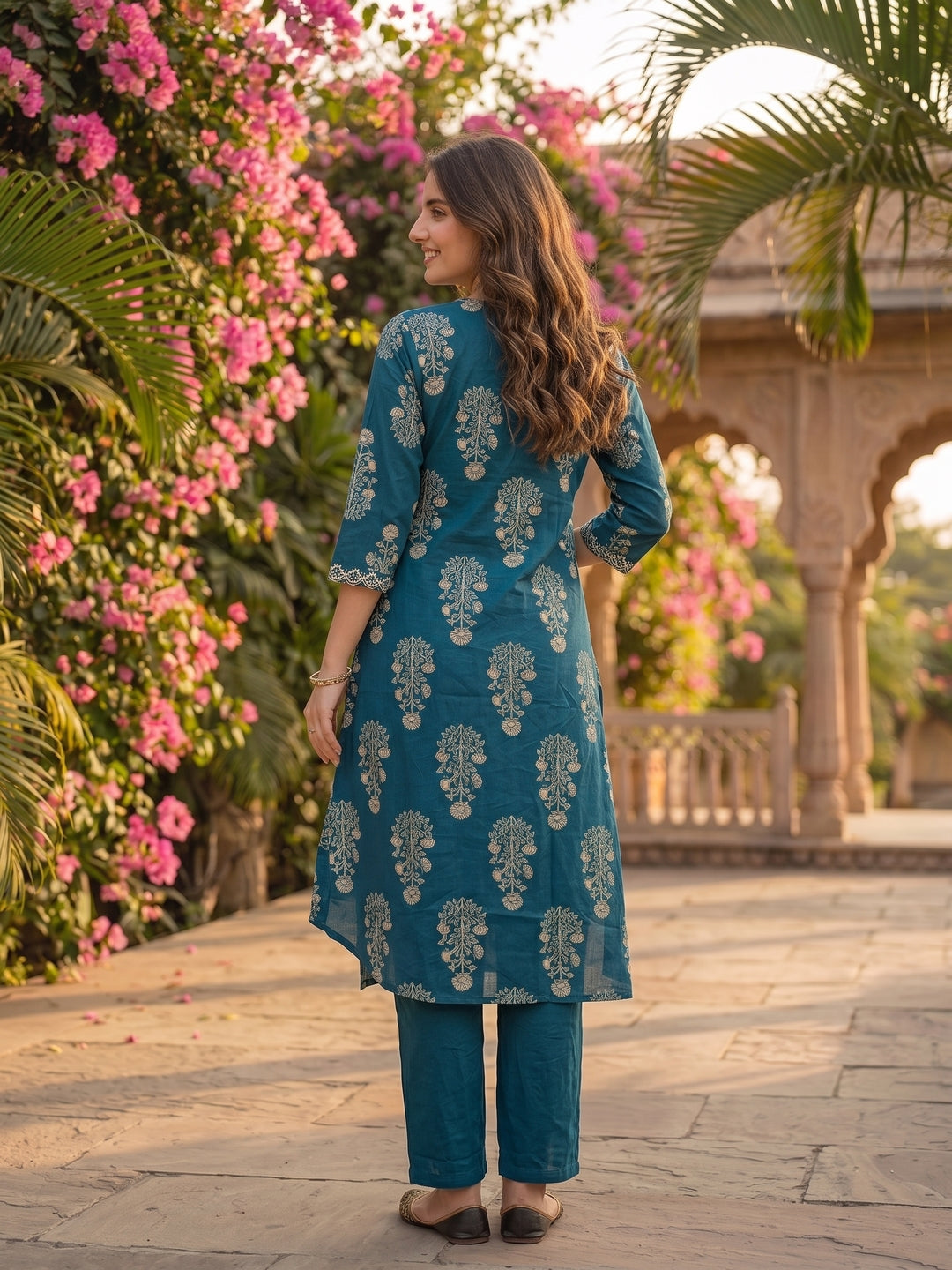 Teal Ethnic Print Cotton Angrakha Kurta Set with Mirror Work & Embroidery, Pant & Dupatta