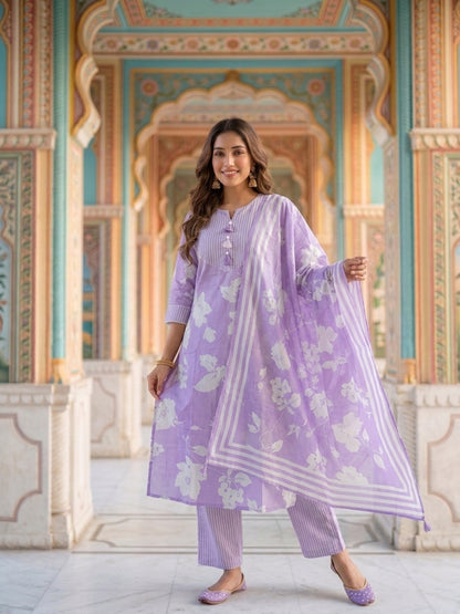 Lavender Floral Print Cotton 3-Piece Kurta Set