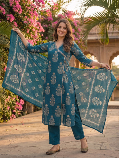 Teal Ethnic Print Cotton Angrakha Kurta Set with Mirror Work & Embroidery, Pant & Dupatta
