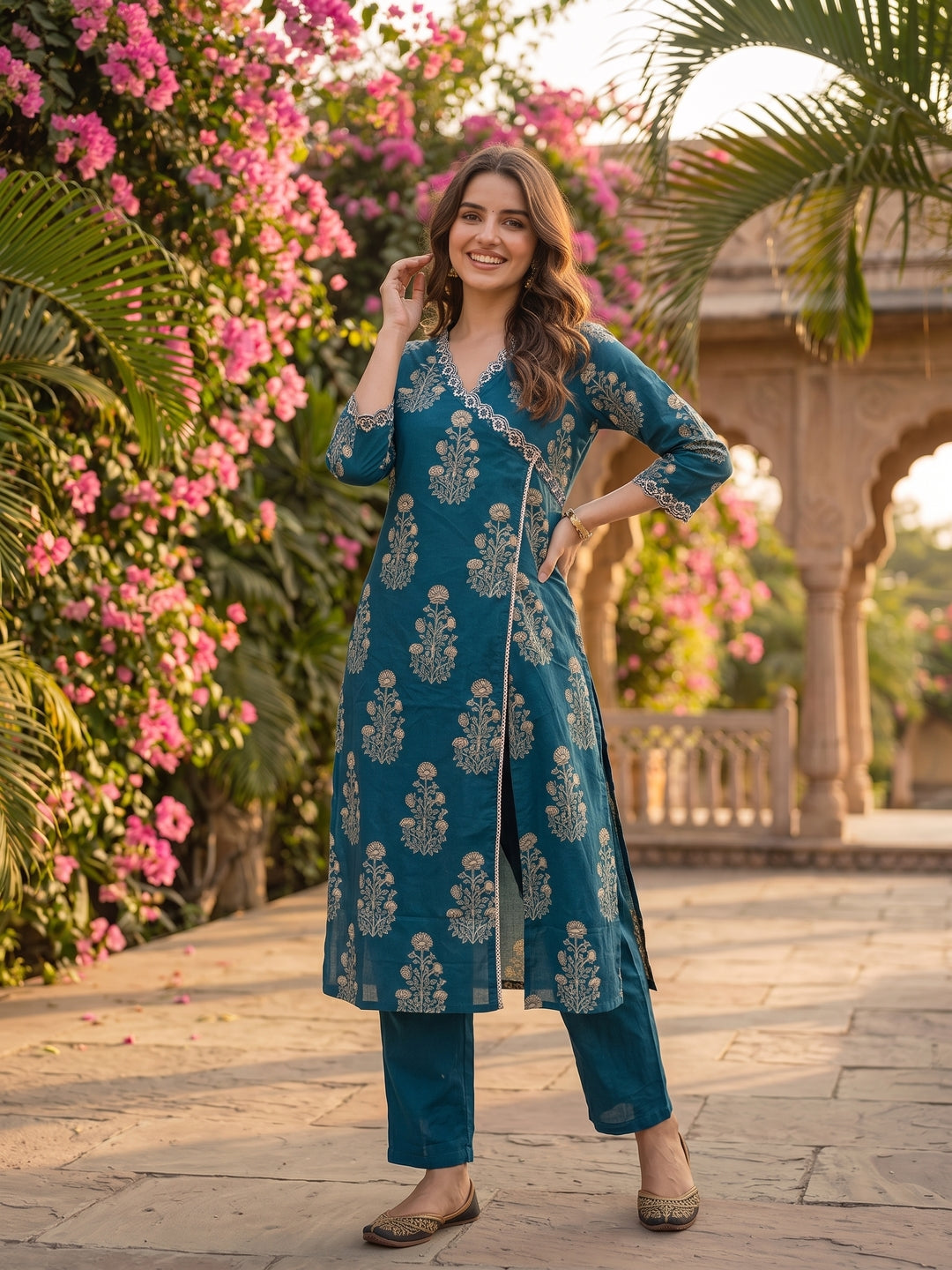 Teal Ethnic Print Cotton Angrakha Kurta Set with Mirror Work & Embroidery, Pant & Dupatta