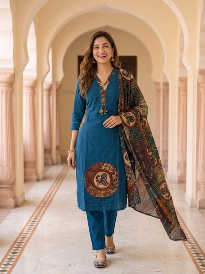 Navy Blue Solid Cotton Straight Kurta Set with Printed Patches, Pant & Dupatta