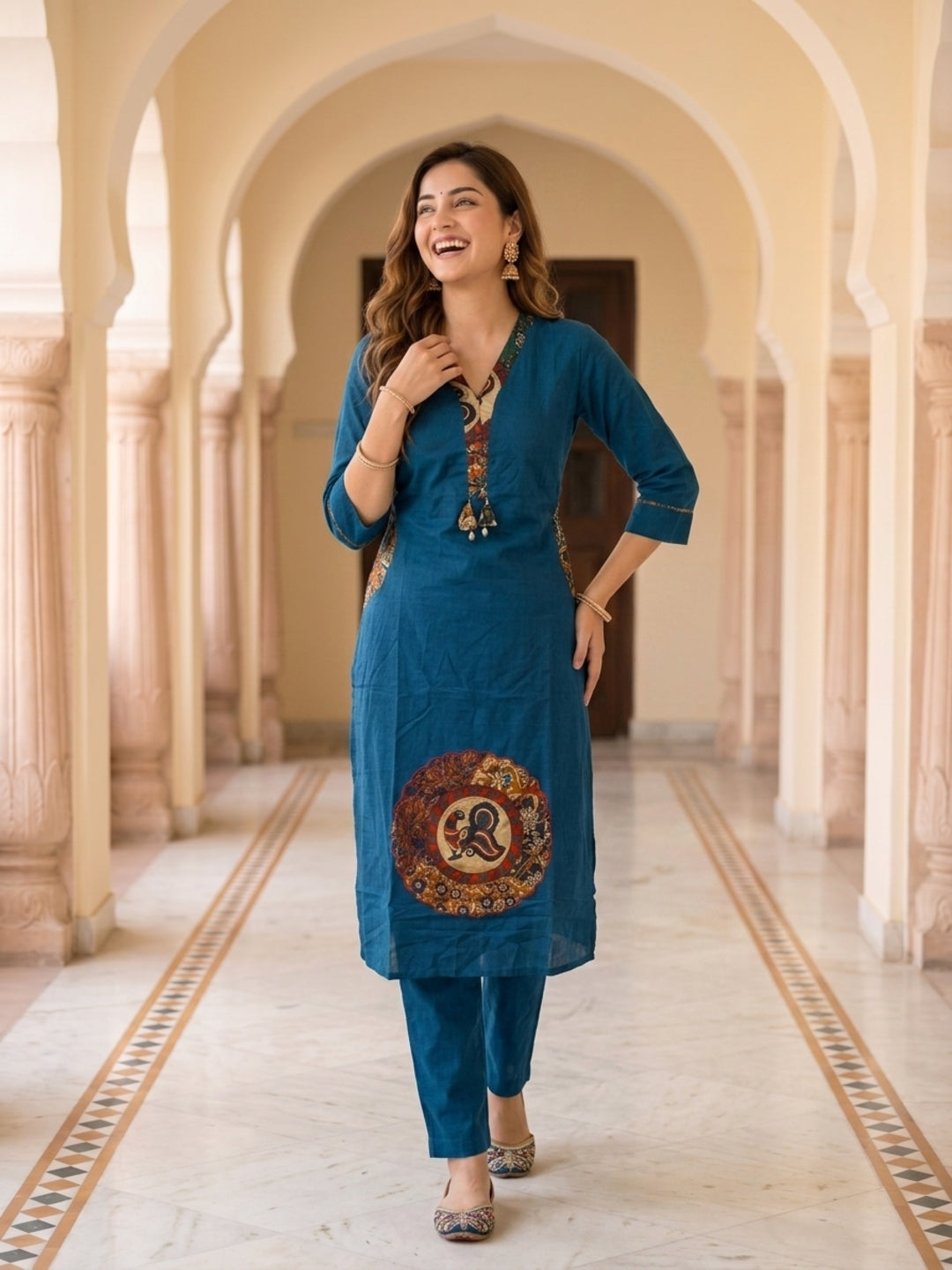 Navy Blue Solid Cotton Straight Kurta Set with Printed Patches, Pant & Dupatta