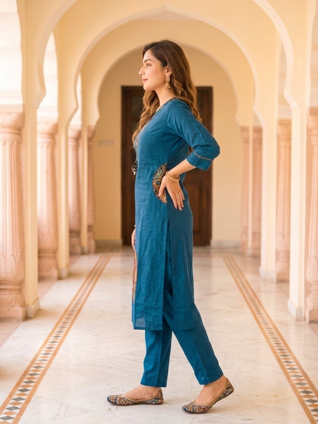 Navy Blue Solid Cotton Straight Kurta Set with Printed Patches, Pant & Dupatta