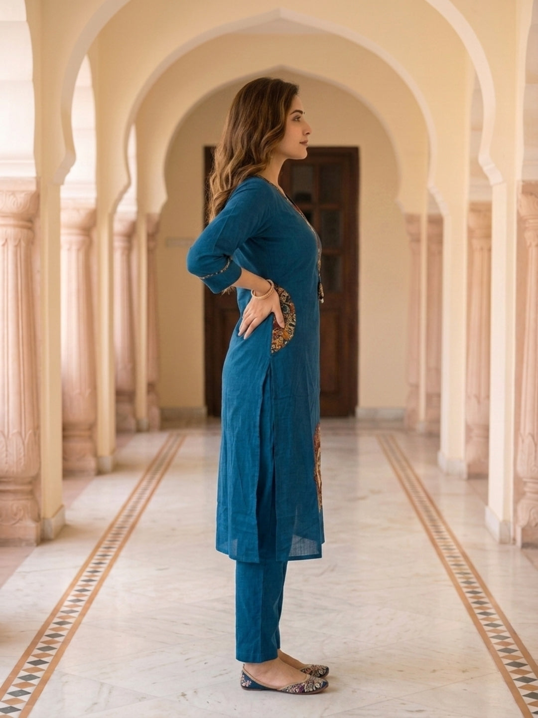 Navy Blue Solid Cotton Straight Kurta Set with Printed Patches, Pant & Dupatta