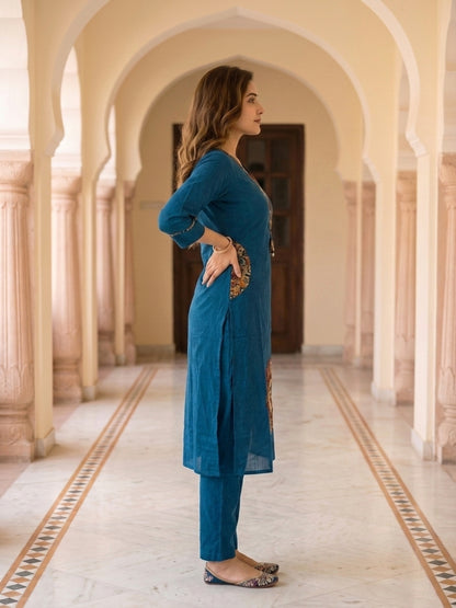 Navy Blue Solid Cotton Straight Kurta Set with Printed Patches, Pant & Dupatta