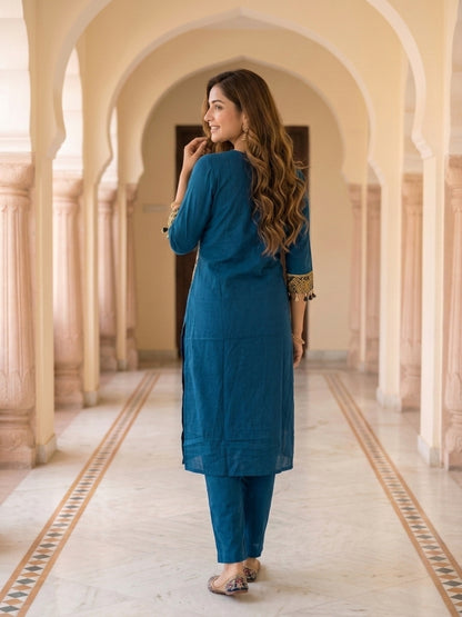 Navy Blue Solid Cotton Straight Kurta Set with Printed Patches, Pant & Dupatta