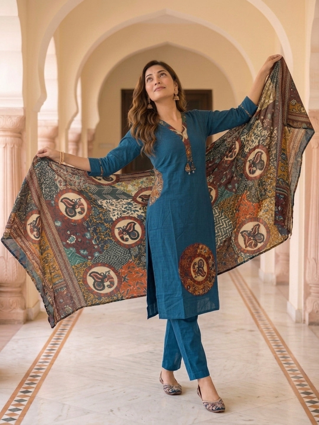 Navy Blue Solid Cotton Straight Kurta Set with Printed Patches, Pant & Dupatta