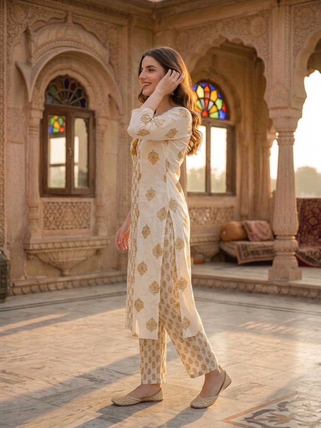 Cream & Mustard Ethnic Print Cotton Straight Kurta Set with Palazzo & Dupatta
