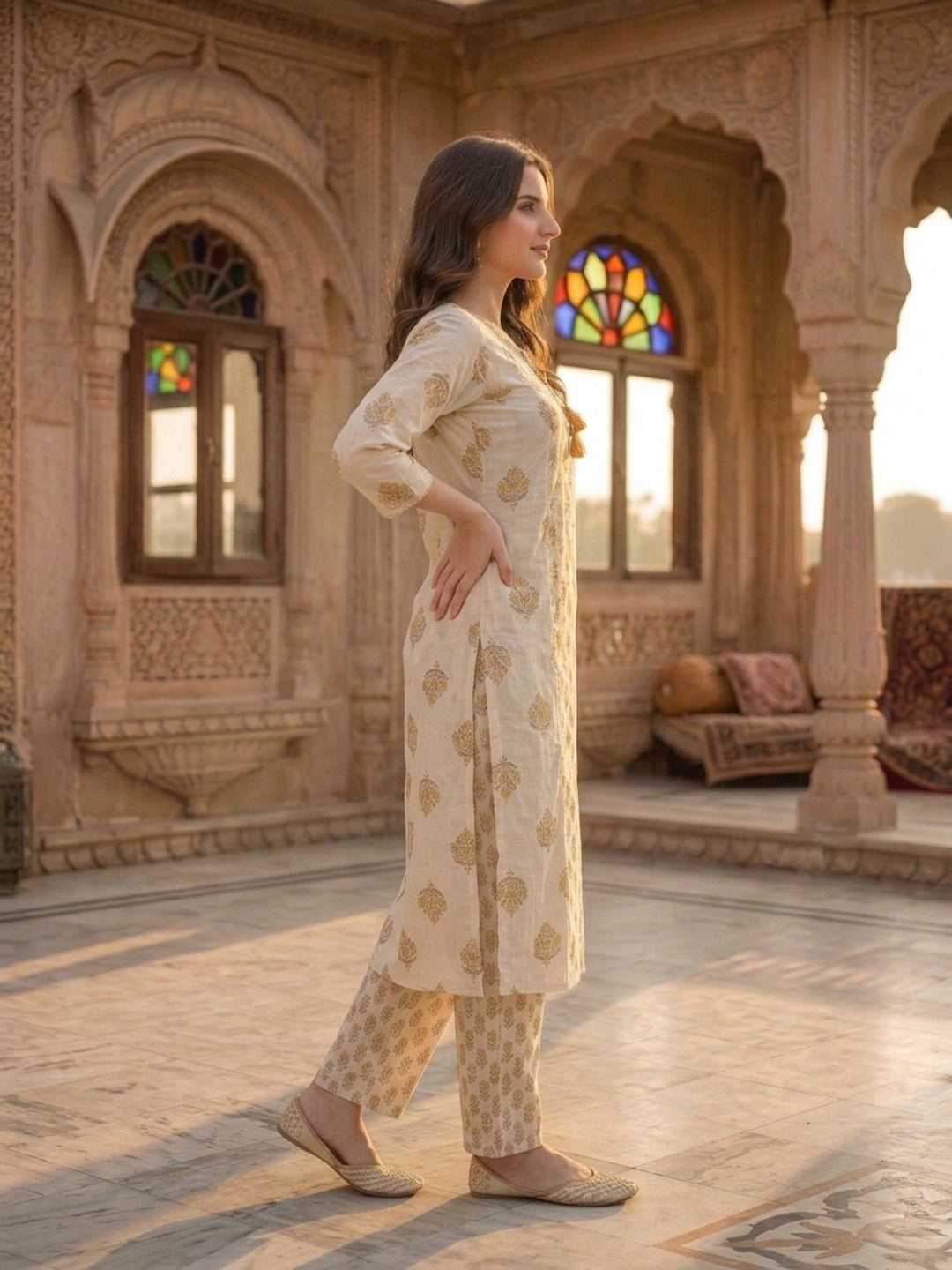 Cream & Mustard Ethnic Print Cotton Straight Kurta Set with Palazzo & Dupatta
