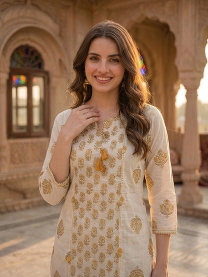 Cream & Mustard Ethnic Print Cotton Straight Kurta Set with Palazzo & Dupatta