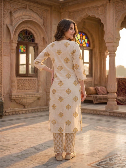 Cream & Mustard Ethnic Print Cotton Straight Kurta Set with Palazzo & Dupatta