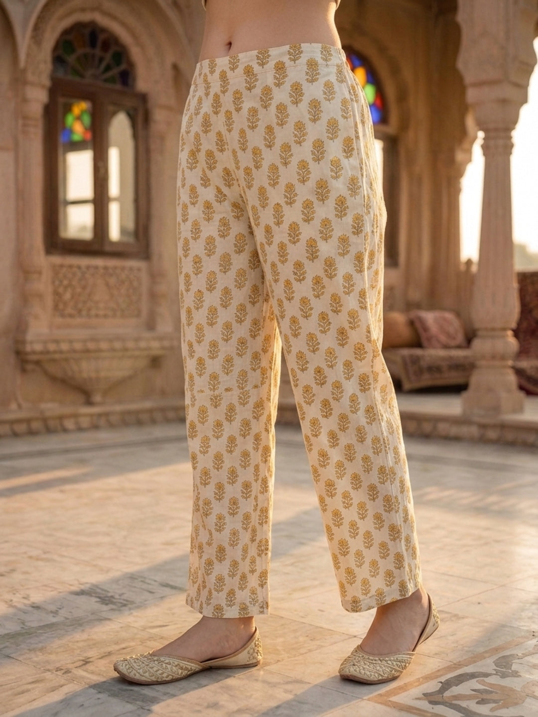 Cream & Mustard Ethnic Print Cotton Straight Kurta Set with Palazzo & Dupatta