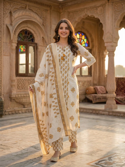 Cream & Mustard Ethnic Print Cotton Straight Kurta Set with Palazzo & Dupatta
