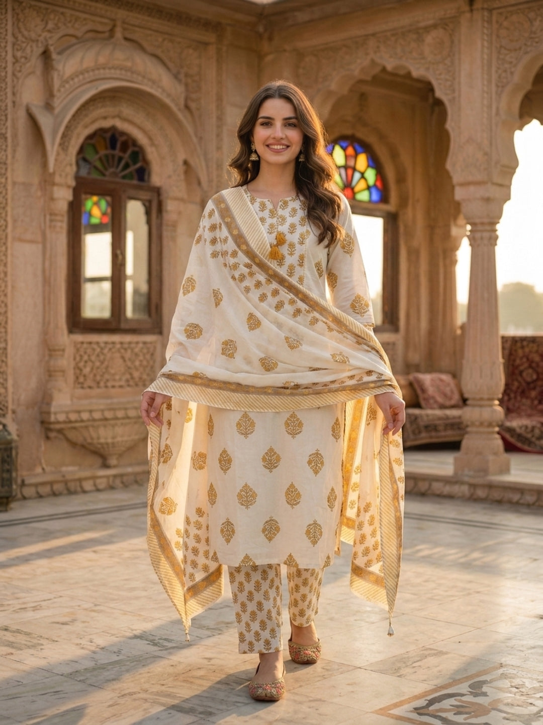 Cream & Mustard Ethnic Print Cotton Straight Kurta Set with Palazzo & Dupatta